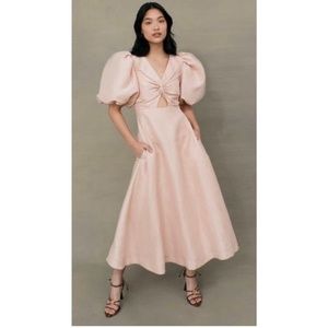 AJE Dusk Knot Puff-Sleeve Linen Cut-Out Midi Dress